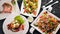 Food. Salads from vegetables, salmon, veal, steak, meat. On a wooden background. Top view.