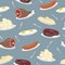 Food seamless pattern. Sausage and dumplings. Ham and steak. Scrambled eggs and pasta. Food on plate. Cutlery: knife and fork. Ba