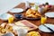 Food on served wooden table at breakfast