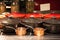 Food Serving in Vintage Iron Steel Cooking Pots in Hotel Restaurant Buffet Food Line. Industrial Cooking Utensils, Decoration,