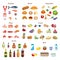 Food set. Collection of various meals, fish and meat, vegetables and fruits, milk and bread