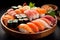 food set seafood meal roll fish rice japanese japan sushi. Generative AI.