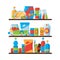 Food shelves. Snack crisp cold soda drinks in plastic bottles crackers junk food promoting vector illustrations