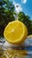 Food shot, super wide Angle, lemon juice waterfall splash, liquid explosion, 2-3 delicate lemon , against a bright blue sky