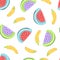 Food simple sketh drawn hand seamless pattern with banana, watermelon, red, yellow and purple colors. For wallpapers