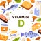 Food sources of Vitamin D. Card with natural nutrients enriched with vitamine. Organic nutrition frame with background