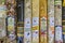 Food souvenir selection of prepackaged bags of rice for risotto with different flavors at a market in Venice, Italy