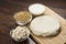 Food : Soy Milk, Soybeans,Okara and Tofu on Wooden Background