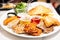 Food Steaks and Sausages Assortment Spicy Chicken, Pork, Beef, Fish served with French Fried and baked bread, sided with