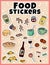 Food sticker set. Stickers, pins, patches and labels collection in cartoon comic style