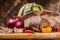 Food on the table, delicious products. Bread and Tomatoes