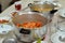 food table with Egyptian rice cooked on hot steam and cooked shrimps with cumin, lemon and onion, a crustacean (a form of