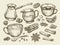 Food, tea, coffee. Hand drawn cup, cinnamon, anise, creamer, teaspoon, croissant, sugar, beans, chocolate, candy, turk