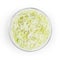 Food top view, cabbage chopped in glass bowl on white b