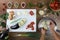 Food top view, hands cut and cook eggplants in kitchen