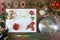 Food top view, tomatoes sauce in glass jar on white cutting