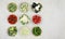 Food top view vegetables on marble kitchen worktop, web