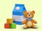 Food and toys for children. 3d realistic teddy bear, cubes and pack with milk for child