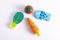 Food toys set on white background. Creative wooden design, vegetarian vegetable. Child development. Kids play.