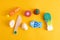 Food toys set on yellow background. Creative wooden design, vegetarian vegetable. Child development. Kids play.