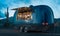 Food trailer with detailed interior on landscape background. 3d rendering.