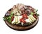 Food tray with delicious cheese, dried salami, dried muscle, ham and peppe