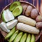 Food tray for vegetarian, sweet potato, avocado, corncob, guava
