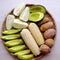 Food tray for vegetarian, sweet potato, avocado, corncob, guava