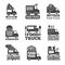 Food truck car. Street catering fast delivery mobile van monochrome badges or vector logo
