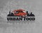 Food truck emblem on grunge grey background. Urban, street food