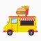 Food truck. Fast food van with signboard in form of burger and french fries. Vector illustration.