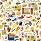 Food truck festival cartoon hand drawn elements seamless pattern. Pizza, beer, apple pie, hot dog, ice-cream, coffee to