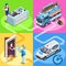 Food Truck Fish Shop Home Delivery Vector Isometric People