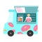 Food truck with fresh donuts, menu with positions and positive seller