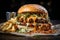 Food truck indulgence, pork burger topped with cheese, paired with fries