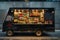 A food truck is parked in front of a building, serving delicious food to customers, Elegant food truck serving gourmet cuisine, AI