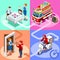 Food Truck Pizza Fast Home Delivery Vector Isometric People
