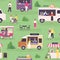 Food truck seamless pattern. Summer street festival and people buy fast food, pizza and coffee in vans or carts. Outdoor