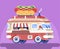 Food truck vector concept. Car with big hot dog. Street truck for selling of fast food. Van with cafe meals on violet backgrounds