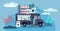 Food truck vector illustration. Flat tiny mobile meal van persons concept.