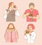 Food vector cartoon illustration. Men enjoying cake and cupcake, women eating hot dog and hamburger.