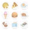 Food vector flat illustration. pizza, hamburger, fried egg, toast, ice-cream, sushi