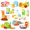 Food vector meal assortment vegetables or fruits and fish or sausages from supermarket or grocery illustration set of