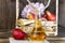 Food, vegetarianism, healthy diet food, drink. Natural juice without pulp from fresh red pear in a glass decanter, wine, liqueur