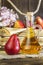 Food, vegetarianism, healthy diet food, drink. Natural juice without pulp from fresh red pear in a glass decanter, wine, liqueur