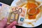 Food waste, waste of food in the world, dollar, euro and lira banknotes on the floor