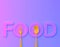 Food word sign logo with spoon and fork in bvibrant bold gradient purple and blue holographic colors background. minimal food conc