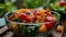 A Foodfilled glass bowl with tomatoes, lettuce, and vegetables