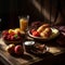 A foodfilled wooden table with bowls of fruit, croissants, apples, and yogurt