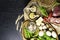 Foods High in Zinc as octopus, beef, buckwheat, yellow cheese, spinach, avokado,pea, mushrooms, bean, radishes, eggs. Top view